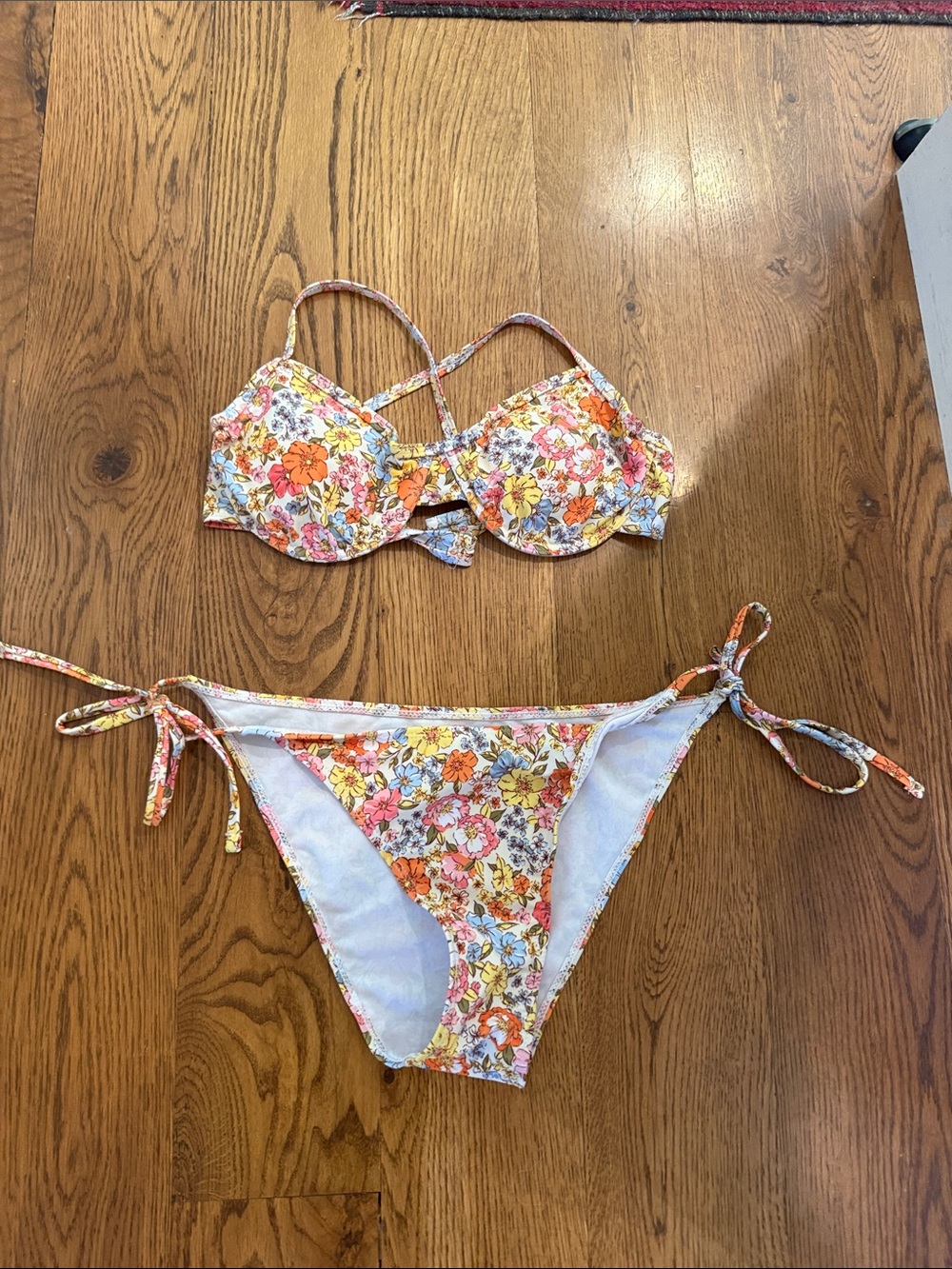 Floral Tie-Side Bikini Set — Orange, Yellow, Pink Flowers